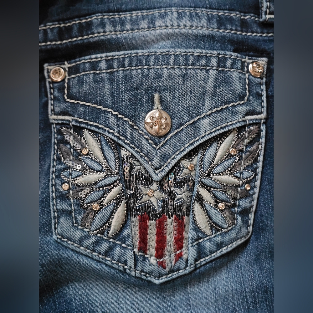 Miss Me Dark Blue Boot Cut Jeans with Decorative Pocket - Picture 4 of 13